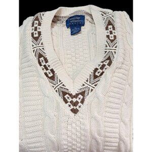 Vintage Cambridge Classics SweaterMens Cable Knit Sweater V-Neck XL Cream & Brow